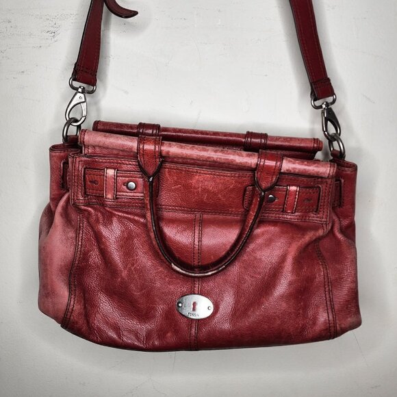 Fossil Maddox Bar Satchel Genuine Cow Hide Leather Red Distressed Shoulder Bag - Picture 3 of 16